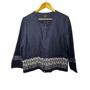 Pendleton Linen Blend Blazer Jacket L Navy Southwest Trim Zip Front Boho Coastal